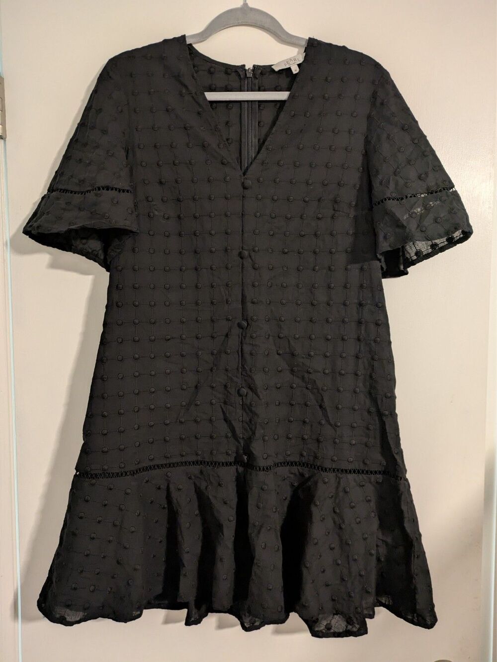 Pearl by Lela Rose Dotted Flounce Hem Mini Dress M Black Eyelet Cotton Shift - Picture 2 of 5